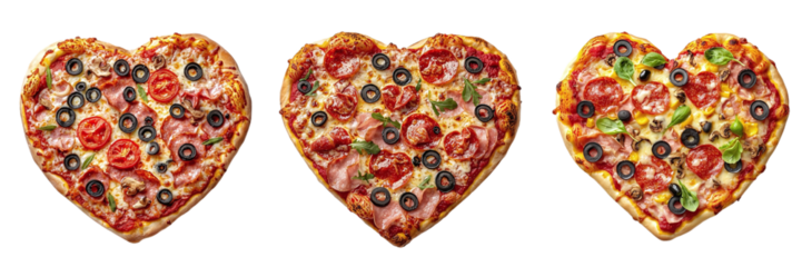 Set of different heart-shaped pizzas isolated on transparent background PNG
