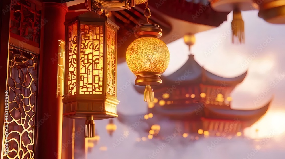 Aufkleber 伝統的な中国のランタンが夕暮れ時に空に吊り下げられ壮大な建物が背景に映える美しい風景