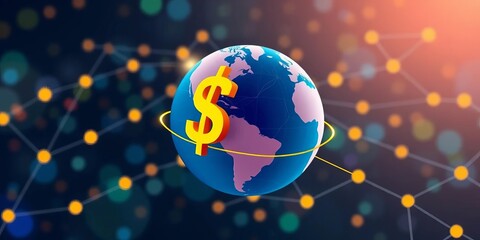 Global financial network, dollar symbol orbiting globe, flat icon design,  finance,  flat