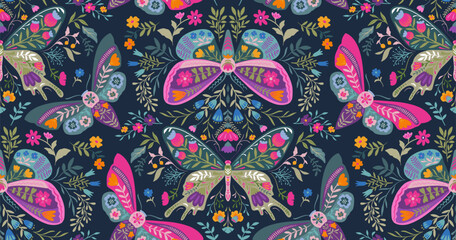 Vector seamless pattern with ornate insects, beetles, butterflies. Folk art floral natural endless background.