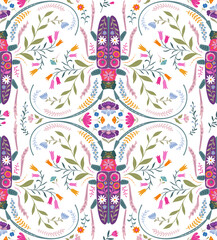 Vector seamless pattern with ornate insects, beetles, butterflies. Folk art floral natural endless background.