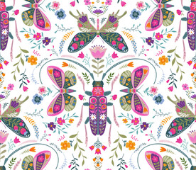 Vector seamless pattern with ornate insects, beetles, butterflies. Folk art floral natural endless background.
