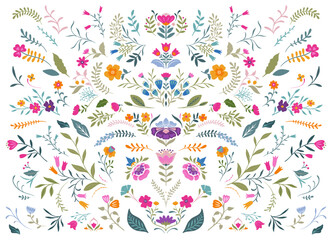 Vector collection of colorful beautiful flowers, plants. Folk art floral set.