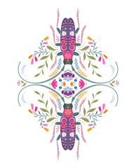 Vector beautiful composition with ornate beetles, flowers. Folk art floral poster.
