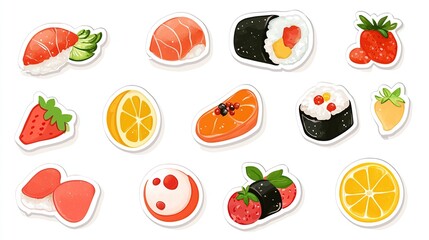 A collection of sixteen whimsical stickers depicting various sushi pieces, including salmon nigiri, maki rolls, and unique fruit-inspired sushi designs, 