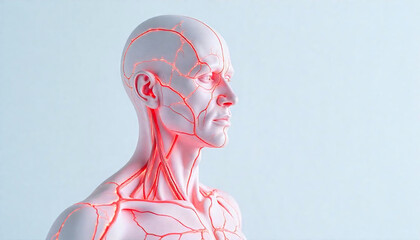 Human anatomy model with highlighted vascular system in red veins and arteries on head and upper body, medical concept showing detailed circulatory structure