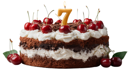Delicious 7th birthday cake with cherries transparent background food photography studio setting festive concept