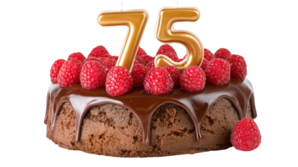 Delicious 75th birthday cake with raspberries and transparent background festive celebration sweet treat isolated view