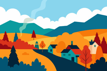 autumn landscape with mountains and houses