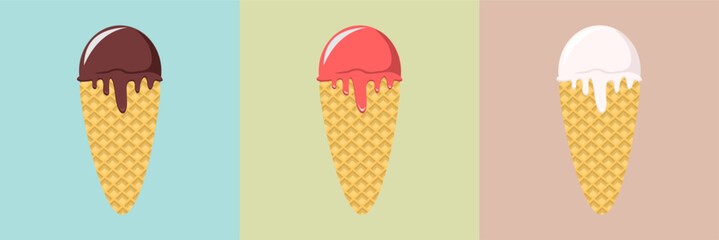Set of ice cream cones with various flavors. Ice cream in chocolate, vanilla, and strawberry flavors. Vector illustration icons