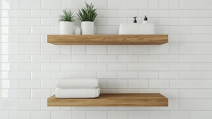 simple, elegant bathroom with white tiles and wooden shelves.