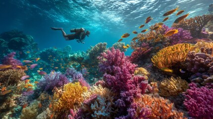 Obraz premium World Oceans Day. Scuba diver swimming near colorful coral reef, realistic photography style, underwater ocean background, concept of marine exploration.