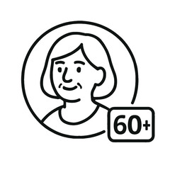 Fototapeta premium Icon of smiling senior woman with short hair and 60 plus age label, representing elderly demographic