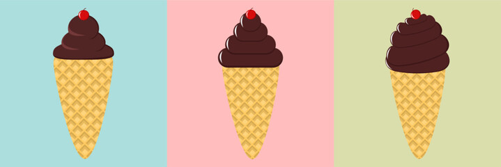 Set of ice cream cones with various flavors. Ice cream in chocolate, vanilla, and strawberry flavors. Vector illustration icons