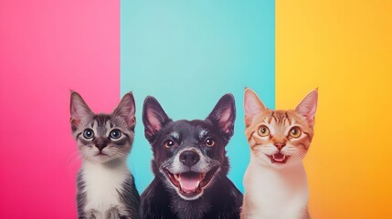 Happy Dog and Cats on Colorful Background AI Generative