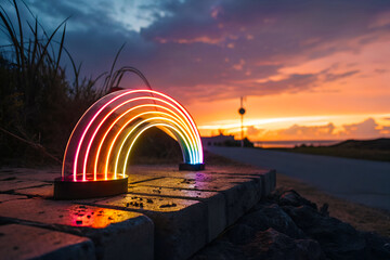 Neon rainbow light at sunset on a coastal path