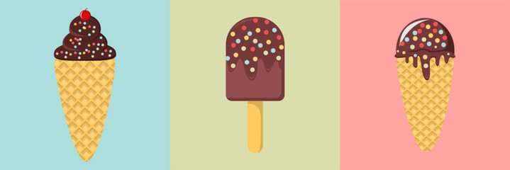 Set of ice cream cones with various flavors. Ice cream in chocolate, vanilla, and strawberry flavors. Vector illustration icons