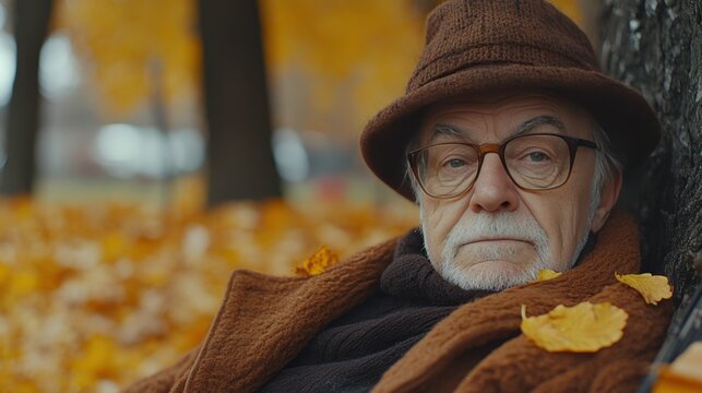 Elderly Man Relaxing in Autumn Park with Yellow Leaves Surrounding