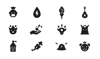 A collection of various illustrated black silhouette icons representing different concepts