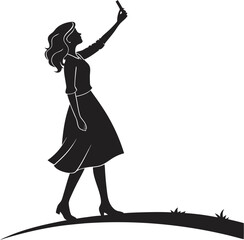  Silhouette Woman in Dress Holding Phone Up, Looking Skyward, Modern Icon