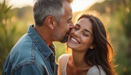 Fototapeta premium Joyful couple sharing a tender moment in a sunlit field