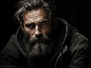 Obraz premium Bearded man looking serious while wearing a hoodie in dim light 