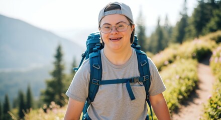 Happy woman with down syndrome wearing glasses and backpack hiking outdoors in nature. Person with special needs enjoying outdoor adventure and mountain trail. Inclusion and active lifestyle