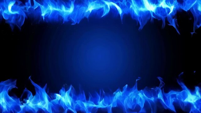 Animated blue fire burns along the upper and lower edges on a black background. Magical, bright flame graphic element design.