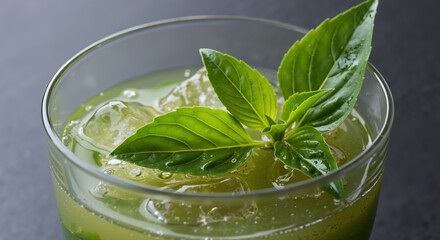 Green cocktail basil leaves ice cubes glass dark background refreshing drink. Mojito herb garnish lime citrus alcohol beverage bar restaurant concept