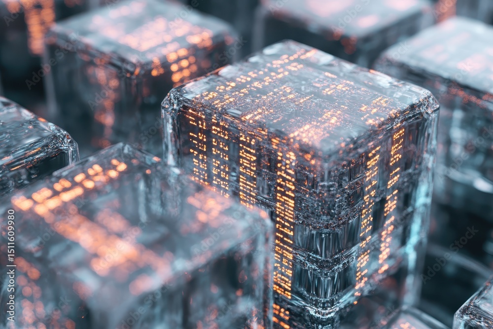 Poster close up of intricate computer code within translucent glass cubes arranged seamlessly, computer cod