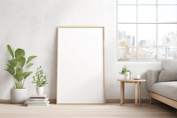 Vertical Wood Frame Leaning Against Wall with Plants and Sofa - Urban Retreat