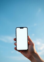 Blank smartphone with white screen on blue sky, mock up, mockup, for texting. book mockup. 