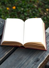 Detailed close-up of an open book mockup with a blank cover on a wooden bench for publishing presentations. book mockup. 