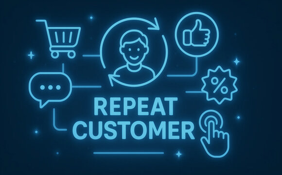 Repeat customer loyalty retention marketing strategy with digital shopping icon for consumer engagement