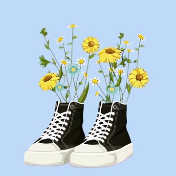 Floral sneakers artistic illustration animation isolated asset, transparent 4K video, alpha channel, ProRes 4444