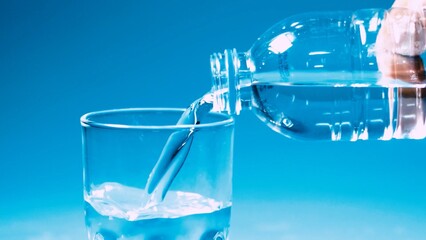 Clear Pour: A crisp, clear stream of water flows gracefully from a plastic bottle into a pristine glass. The image highlights the refreshing purity and essential nature of this life-giving resource.