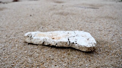 Coastal Relic: A weathered piece of what appears to be a building material or a broken slab, discovered on a sandy shore.