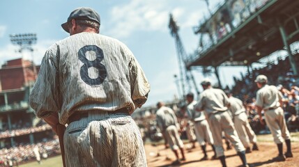 Vintage baseball player with number 8 stands on field, teammates visible, stadium backdrop, captured in nostalgic, sepia-toned light. Classic sport.