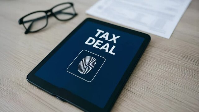 Tax deal compliance on digital tablet with fingerprint scanner for secure financial transaction and business agreement security