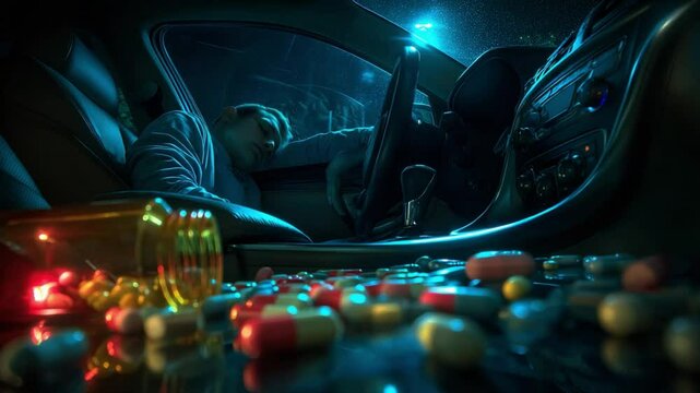 Overdose in Car: An unsettling image depicting a person slumped inside a vehicle, surrounded by an array of scattered medication, a somber reflection of addiction.