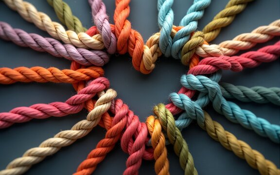 Strength In Connection and Unity of love partnership as diverse ropes shaped as a heart in a group of different intertwined strings connected together shaped as a support symbol of belonging inclusivi