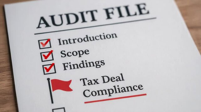 Audit file tax deal compliance document introduction scope checklist with red checkboxes and flag for business review and financial accuracy