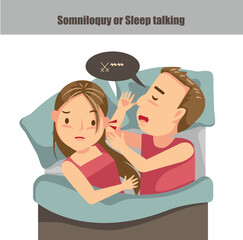 Somniloquy or Sleep Talking Couple on Bed Cartoon