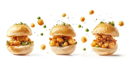 Three mini-burgers with chickpea filling,  green peas, and crunchy coated spheres are shown against a white backdrop;  one burger is static, while the other 