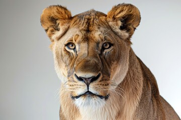 Obraz premium A lioness locks her gaze on the camera, exuding both power and elegance. The subtle details of her fur and the intensity in her eyes show the quiet confidence of a top predator.