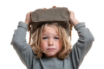 Child is making a sad face and putting a bag on his head, isolated background