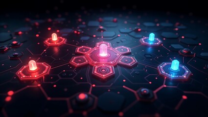 Obraz premium A futuristic AI-powered cybersecurity firewall with hexagonal energy shields, glowing red and blue protective barriers, floating threat detection alerts, cyberpunk command center backdrop