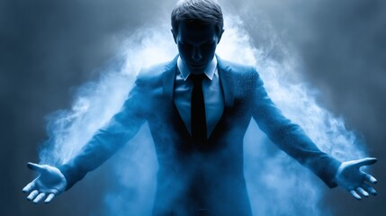 Man in suit with glowing blue aura, Business power energy visual, Concept for leadership, control or transformation