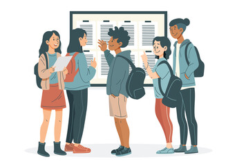 Groupe de lycéens consultant ensemble les résultats de leur examen – Illustration vectorielle moderne représentant des adolescents en tenue décontractée, partageant un moment d’émotion