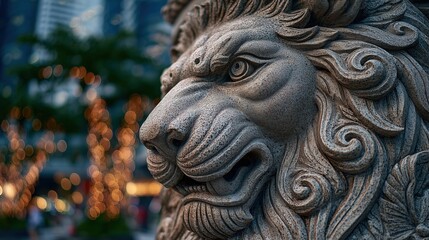 Close-up of detailed lion statue in Singapore symbolizing strength, heritage and national pride during August 9 National Day, illuminated by soft bokeh city lights